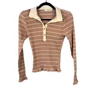 Striped Long Sleeve Collared Henley Polo Size XL Pink White Y2K 90s